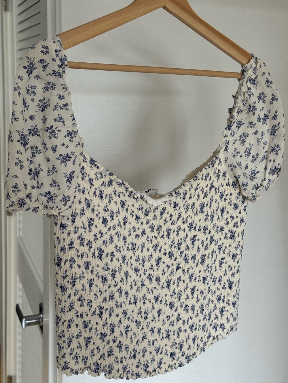 Reformation Blue Floral Smocked Top, Size XL